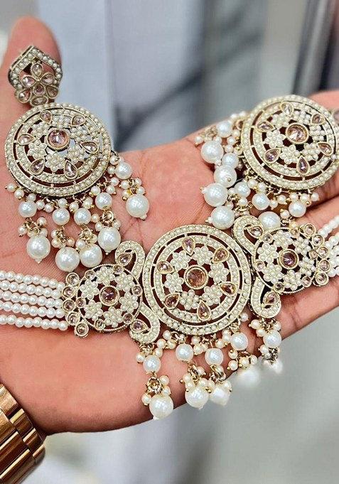 Gold Plated Crystal And Pearl Choker Necklace Set