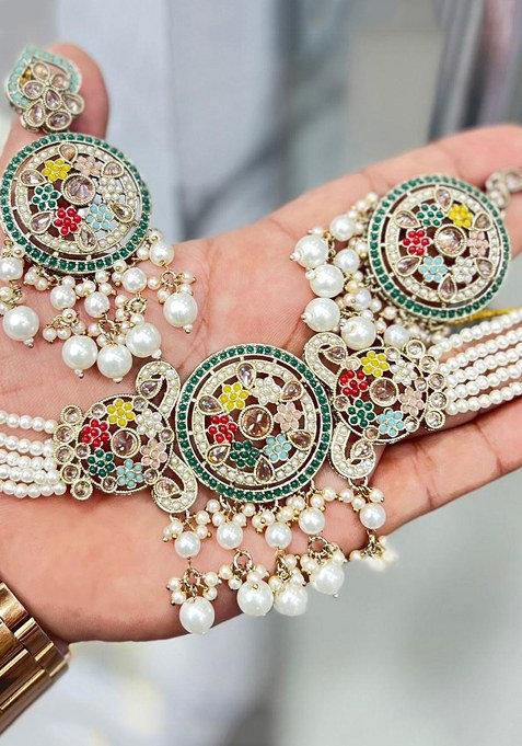 Gold Plated Crystal And Pearl Choker Necklace Set