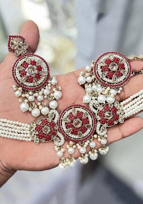Gold Plated Crystal And Pearl Choker Necklace Set