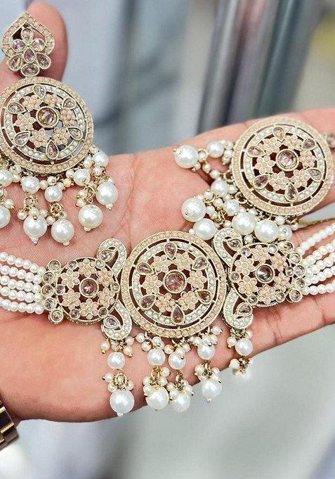 Gold Plated Crystal And Pearl Choker Necklace Set