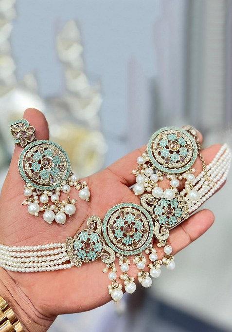 Gold Plated Crystal And Pearl Choker Necklace Set