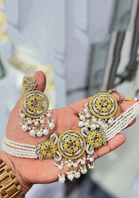 Gold Plated Crystal And Pearl Choker Necklace Set