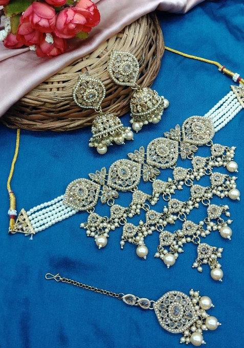 Elegant Gold Plated Crystal And Pearl Choker Set