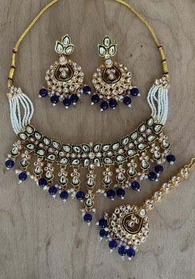 Gold Plated Kundan Stone And Beads Meenakari Necklace Set