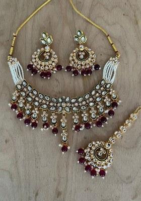 Gold Plated Kundan Stone And Beads Meenakari Necklace Set