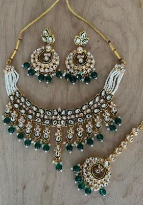 Gold Plated Kundan Stone And Beads Meenakari Necklace Set