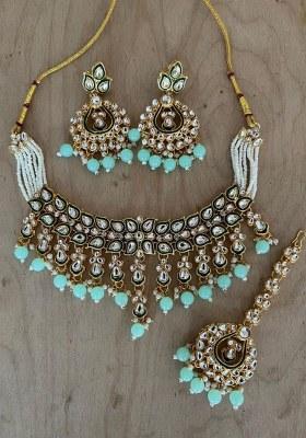 Gold Plated Kundan Stone And Beads Meenakari Necklace Set