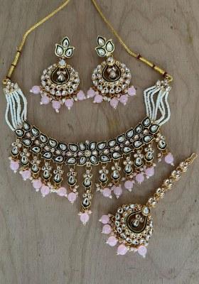 Gold Plated Kundan Stone And Beads Meenakari Necklace Set