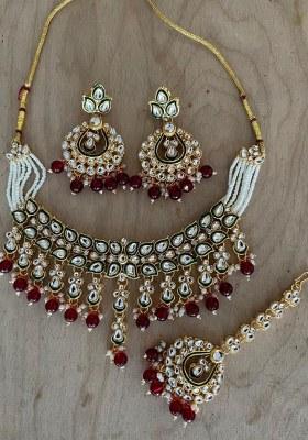 Gold Plated Kundan Stone And Beads Meenakari Necklace Set