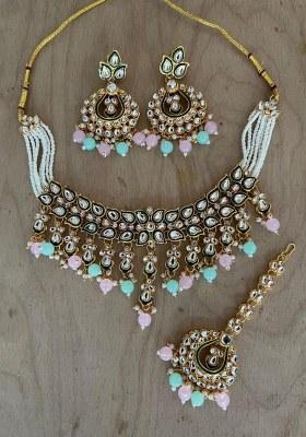Gold Plated Kundan Stone And Beads Meenakari Necklace Set