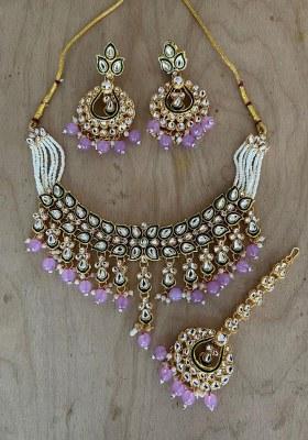 Gold Plated Kundan Stone And Beads Meenakari Necklace Set