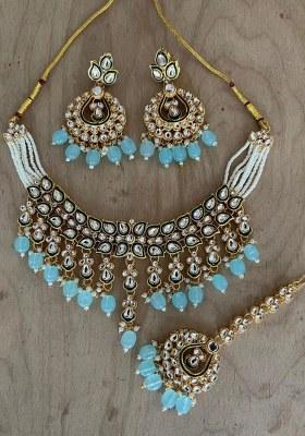 Gold Plated Kundan Stone And Beads Meenakari Necklace Set