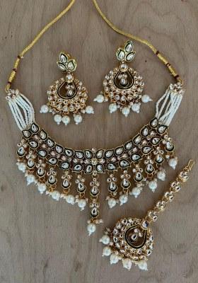 Gold Plated Kundan Stone And Beads Meenakari Necklace Set