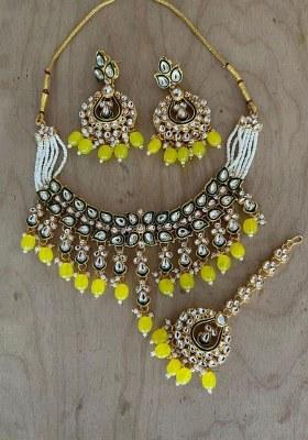 Gold Plated Kundan Stone And Beads Meenakari Necklace Set