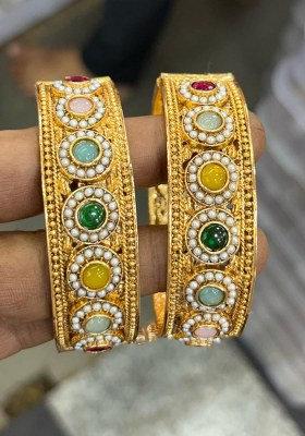Gold Plated Pota Stone And Pearls Openable Bangles Set