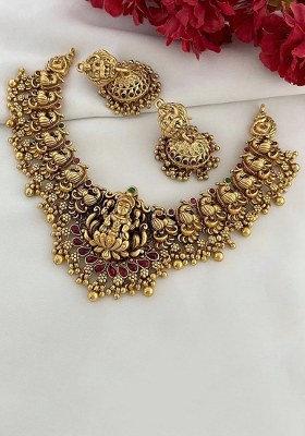 Gold Plated Pota Stone And Pearls Temple Necklace Set