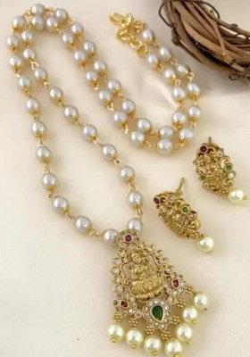 Gold Plated Pota Stone Temple Long Necklace Set