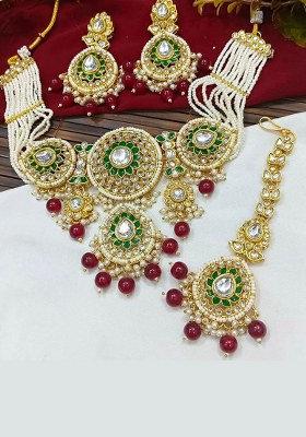 Gold Plated Kundan Stone Beads And Pearls Meenakari Necklace Set
