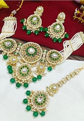 Gold Plated Kundan Stone Beads And Pearls Meenakari Necklace Set