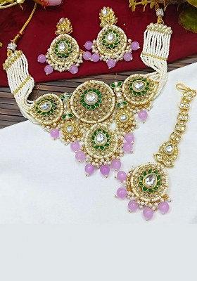 Gold Plated Kundan Stone Beads And Pearls Meenakari Necklace Set