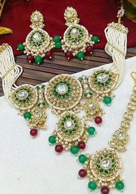 Gold Plated Kundan Stone Beads And Pearls Meenakari Necklace Set