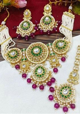Gold Plated Kundan Stone Beads And Pearls Meenakari Necklace Set