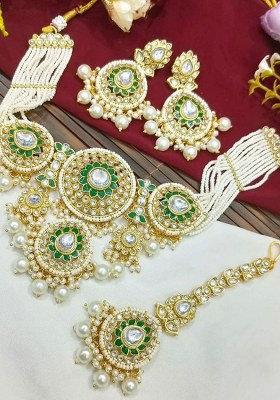 Gold Plated Kundan Stone Beads And Pearls Meenakari Necklace Set