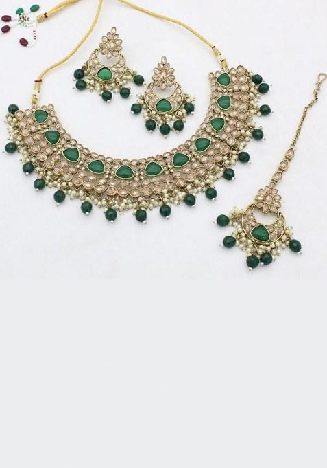 Gold Plated Crystal Stone And Pearls Choker Necklace Set