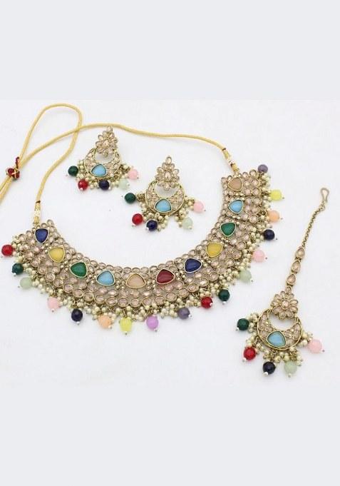 Gold Plated Crystal Stone And Pearls Choker Necklace Set