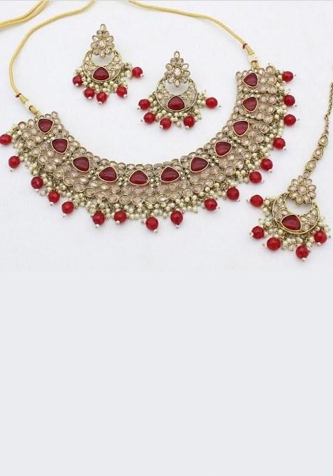 Gold Plated Crystal Stone And Pearls Choker Necklace Set