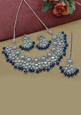 Silver Plated Kundan Stone And Beads Necklace Set