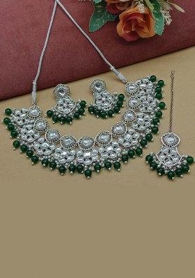 Silver Plated Kundan Stone And Beads Necklace Set