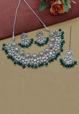 Silver Plated Kundan Stone And Beads Necklace Set