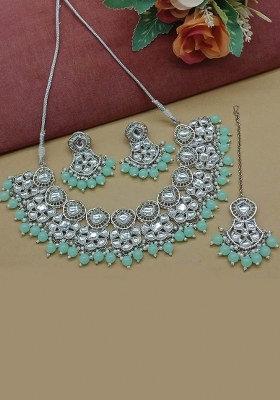 Silver Plated Kundan Stone And Beads Necklace Set