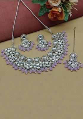 Silver Plated Kundan Stone And Beads Necklace Set