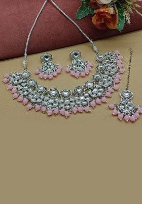 Silver Plated Kundan Stone And Beads Necklace Set