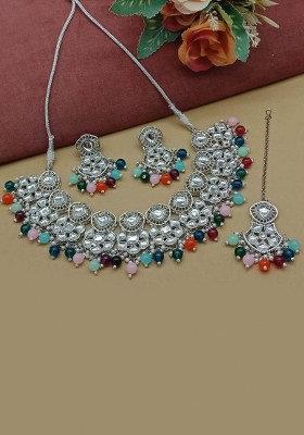 Silver Plated Kundan Stone And Beads Necklace Set