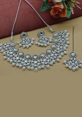 Silver Plated Kundan Stone And Beads Necklace Set