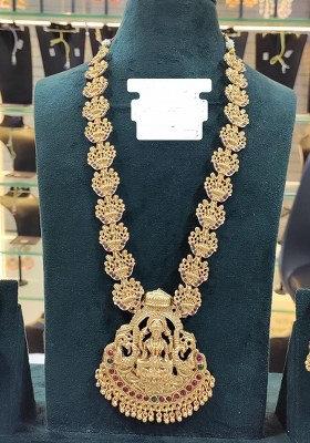 Gold Plated Pota Stone Temple Long Necklace Set