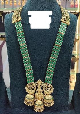 Gold Plated Pota Stone Temple Long Necklace Set
