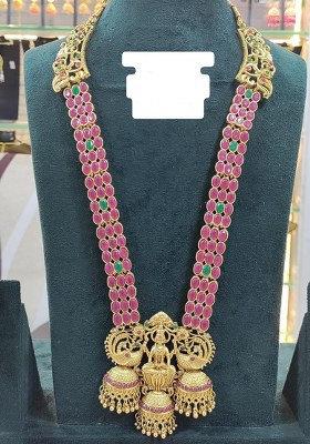 Gold Plated Pota Stone Temple Long Necklace Set