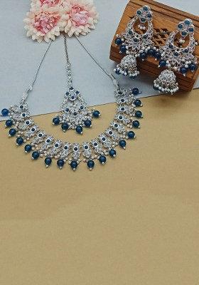 Silver Plated Crystal Stone And Beads Necklace Set