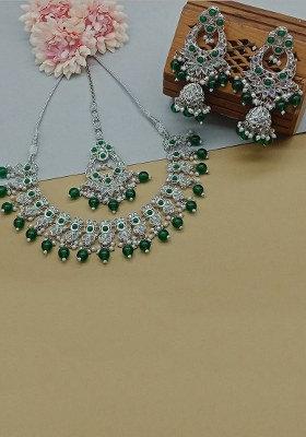 Silver Plated Crystal Stone And Beads Necklace Set