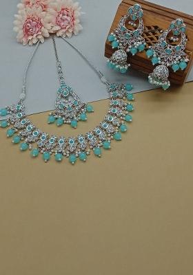 Silver Plated Crystal Stone And Beads Necklace Set