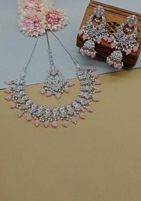 Silver Plated Crystal Stone And Beads Necklace Set