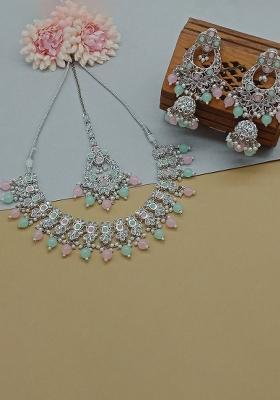 Silver Plated Crystal Stone And Beads Necklace Set