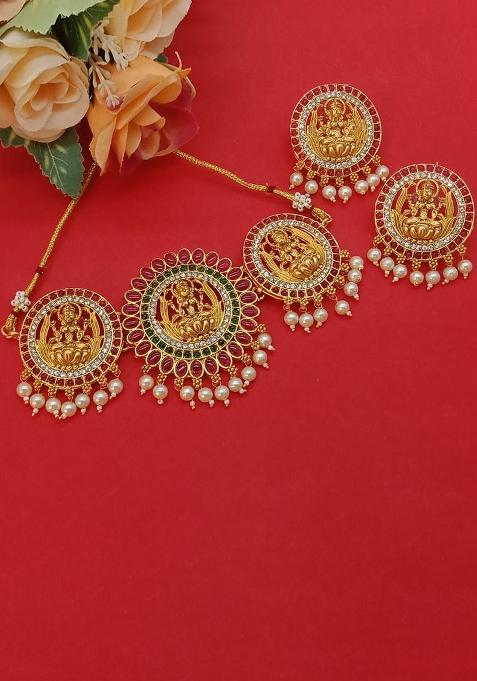 Gold Plated Pota Stone Temple Choker Necklace Set
