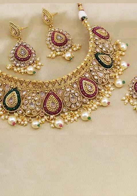 Gold Plated Crystal Stone And Pearl Choker Necklace Set