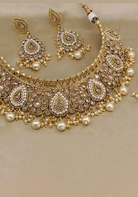 Gold Plated Crystal Stone And Pearl Choker Necklace Set