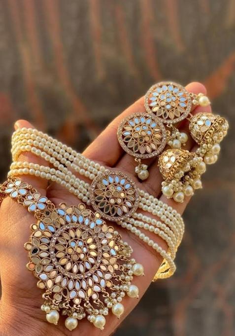 Gold Plated Mirror Choker Necklace Set